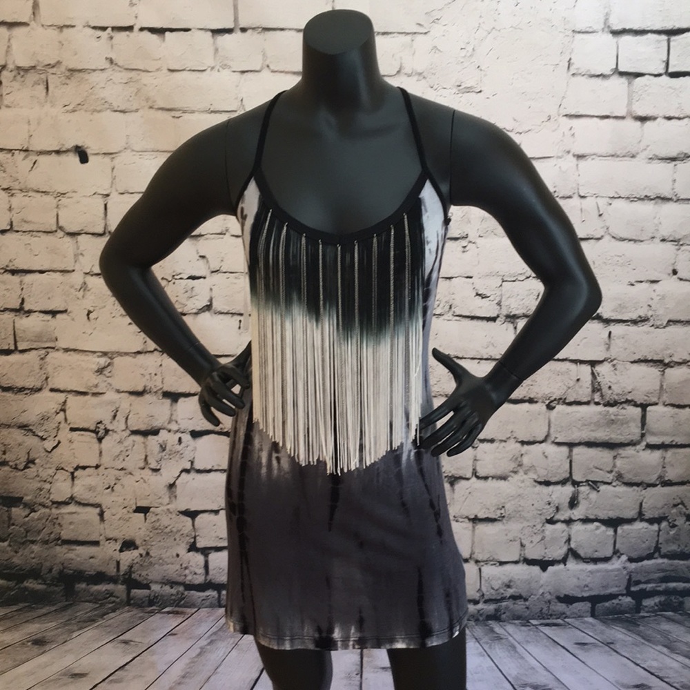 NWT Marquis Fringe Front Tie Dye Tunic Top Black Gray White Small